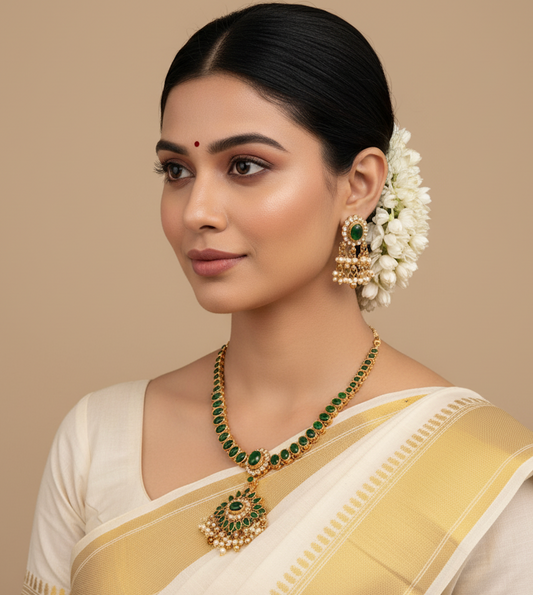 AUR042-Green Stone Traditional Necklace and Earring