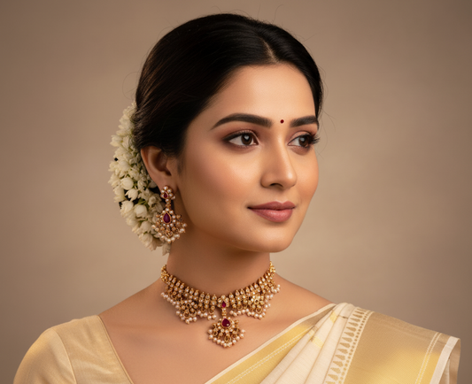 AUR041- Traditional Ruby Stone Choker Set - Necklace and Earring