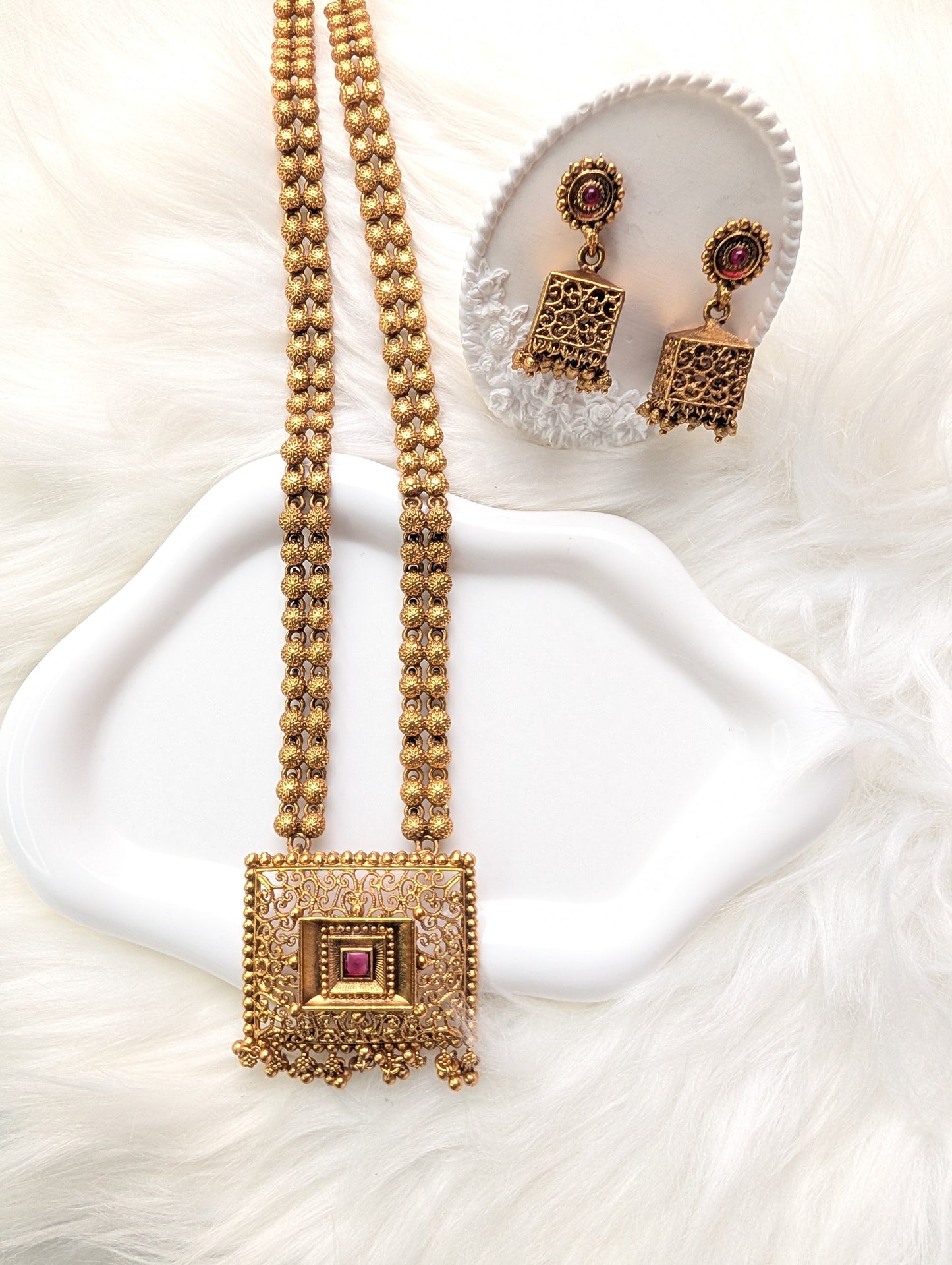 AUR224- Long Haaram Necklace and Earrings Set
