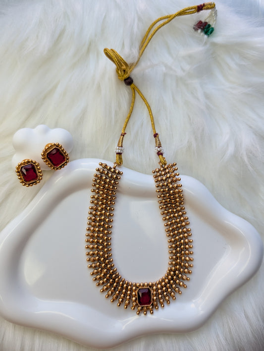 AUR049- Premium Traditional Jewelry Set Ruby  - Necklace and Earring