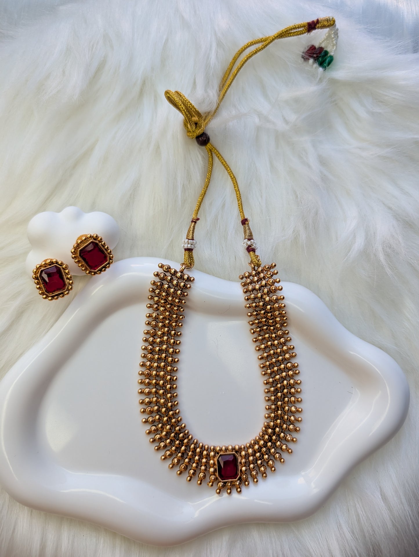 AUR049- Premium Traditional Jewelry Set Ruby - Necklace and Earring