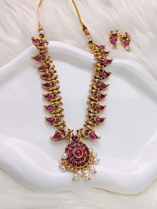 AUR035 - Kerala Traditional Jewelry Set - Ruby  Necklace and Earring Set