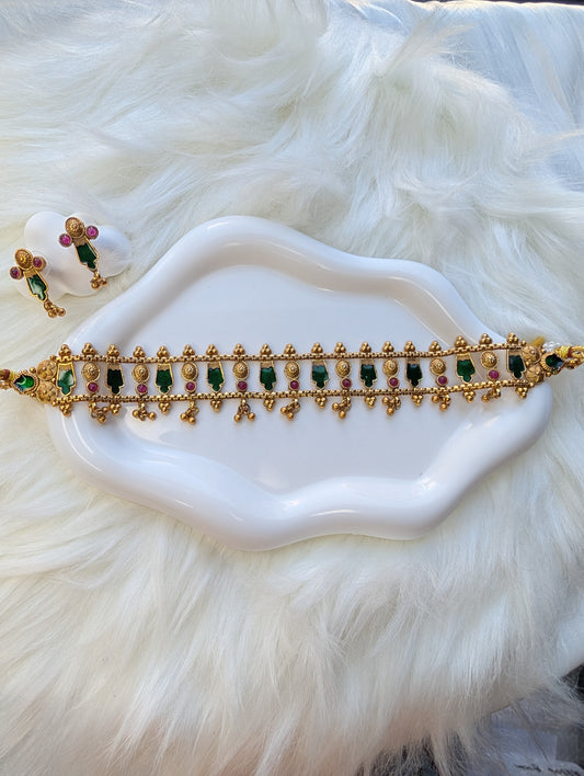 AUR046- Traditional Choker Set Ruby Green - Necklace and Earring