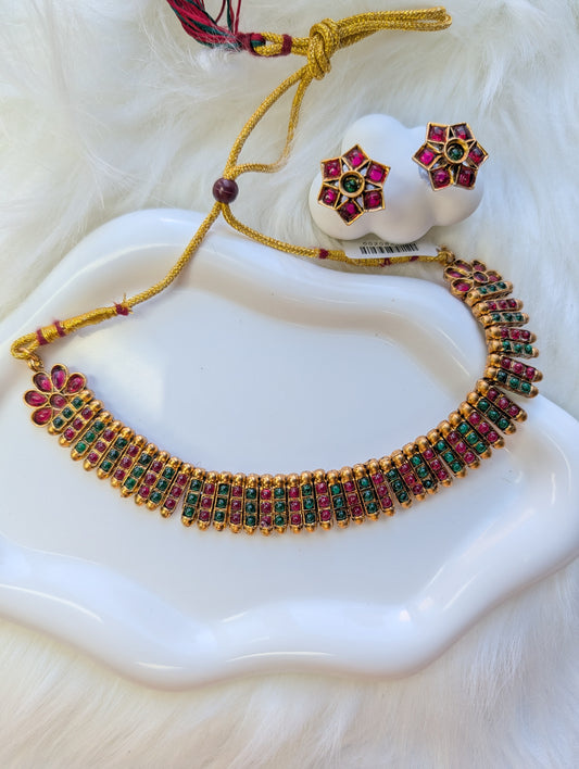 AUR057- Ruby Green Stone Traditional Necklace Necklace and Earring