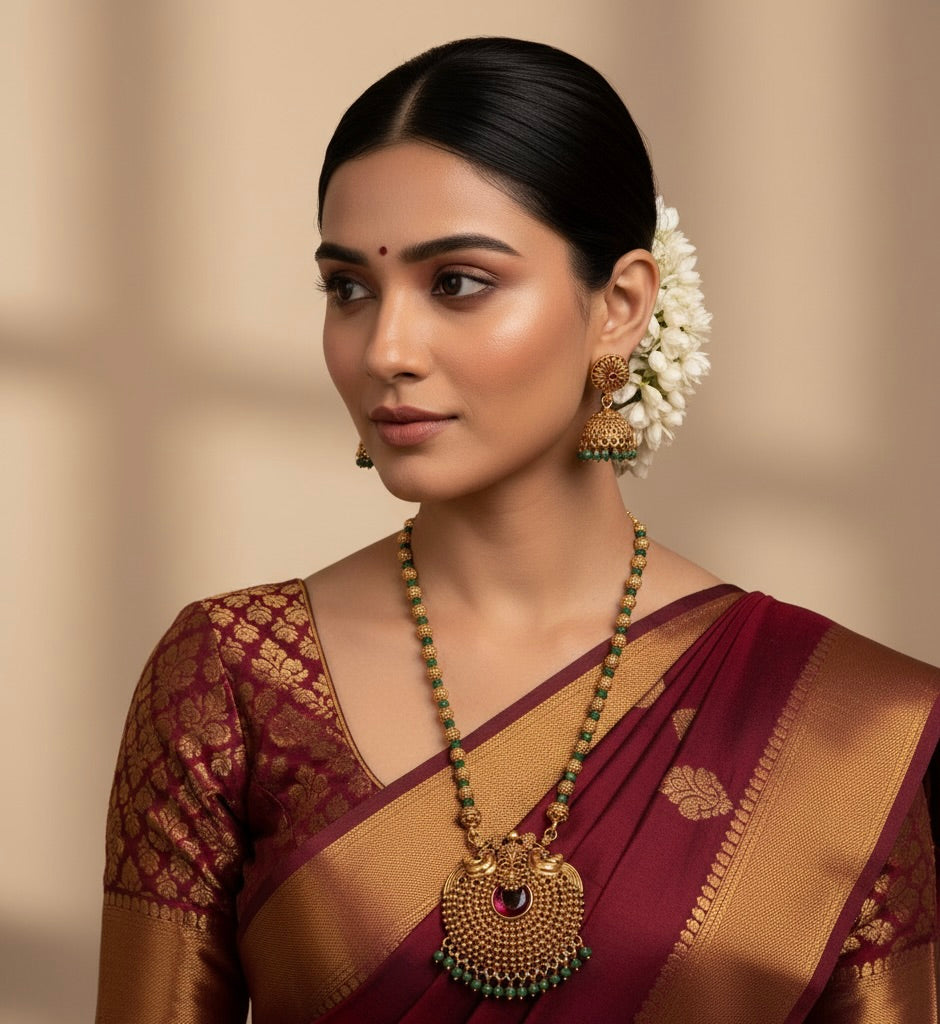 AUR032 - Kerala Traditional Jewelry Set -  Long Necklace and Earring Set