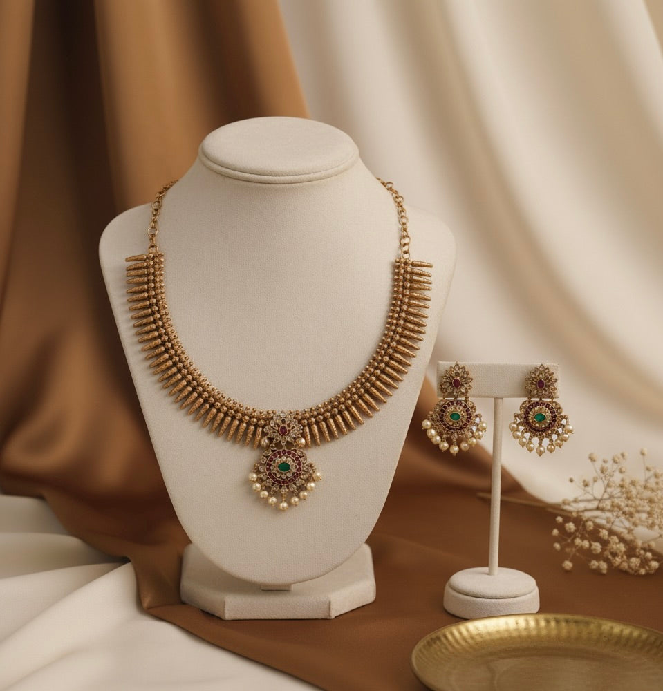 AUR027- Kerala Traditional Jewelry - Necklace and Earring Set