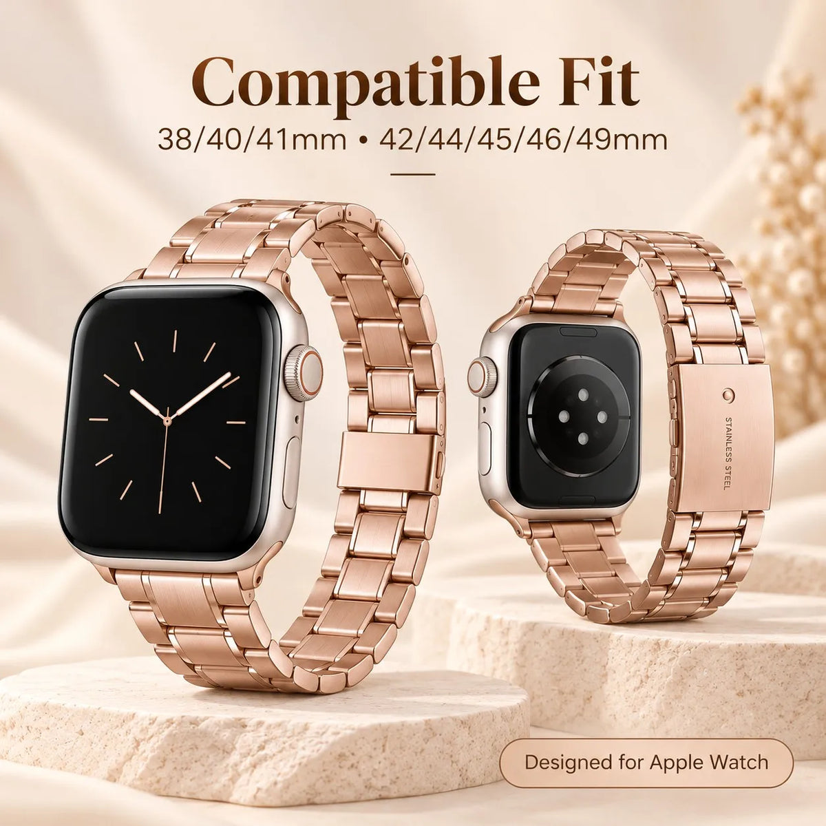 5-Bead Stainless Steel Watch Band Compatible with Apple Watch 38mm 40mm 41mm 42mm 44mm 45mm 49mm Replacement Bracelet