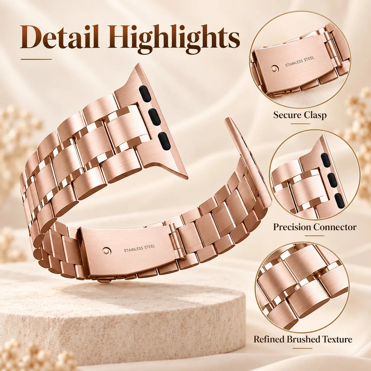 5-Bead Stainless Steel Watch Band Compatible with Apple Watch 38mm 40mm 41mm 42mm 44mm 45mm 49mm Replacement Bracelet