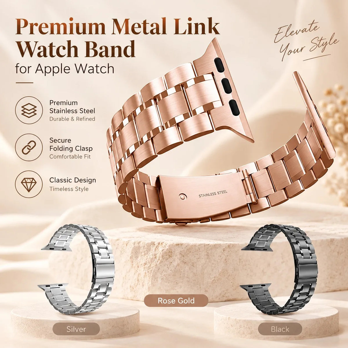 5-Bead Stainless Steel Watch Band Compatible with Apple Watch 38mm 40mm 41mm 42mm 44mm 45mm 49mm Replacement Bracelet