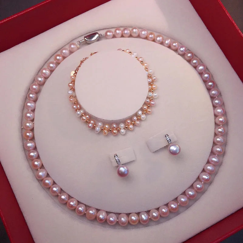 Natural Freshwater Pearl Necklace 7-8 Matching Pearl Earrings & Ring