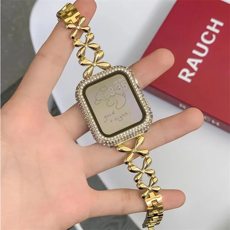Fashion Shiny Lucky Grass Watch Strap for Iwatch 8 7 6 5 SE 4 Stainless Steel Strap for Apple Watch Band 40mm 41mm 44mm 45mm
