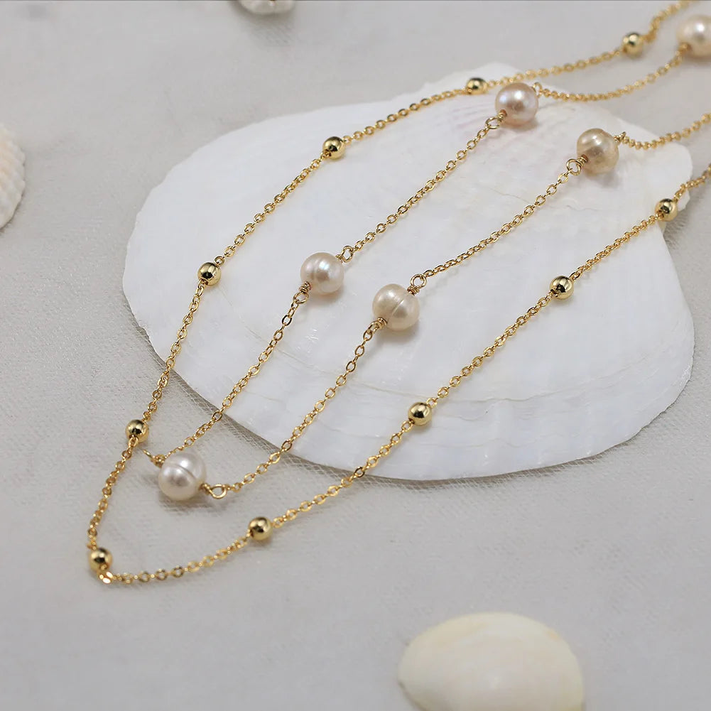 Double Layer Stacked Cultured Freshwater Pearl 14k Gold Plated with Real 925 Sterling Silver Necklace