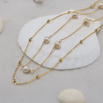 Double Layer Stacked Cultured Freshwater Pearl 14k Gold Plated with Real 925 Sterling Silver Necklace