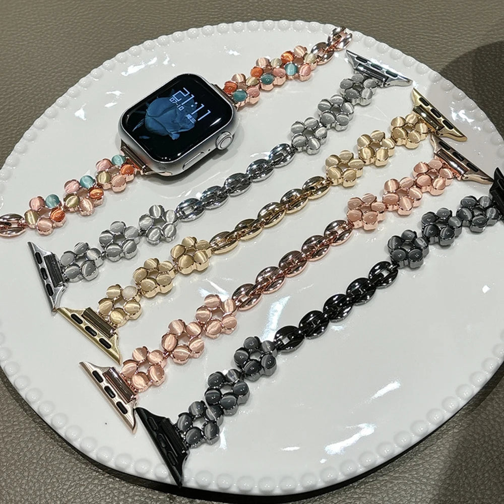Fashion Girly Flower Watch Bands for Apple Watch 8 Ultra 49mm 3 4 5 6 7 Wrist Bracelet for IWatch 38 45mm Strap Alloy Watchbands