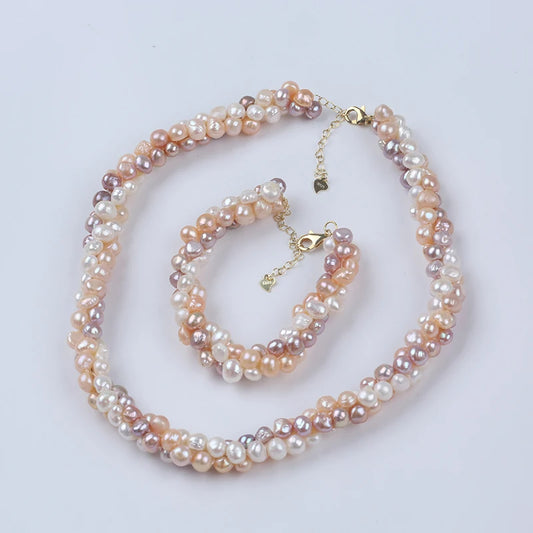 Natural White Pink Purple Color 6-8mm Baroque Style Grade Necklace Bracelet Set 925 Silver Gold Plated Chain
