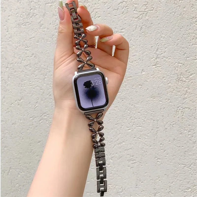 Fashion Shiny Lucky Grass Watch Strap for Iwatch 8 7 6 5 SE 4 Stainless Steel Strap for Apple Watch Band 40mm 41mm 44mm 45mm