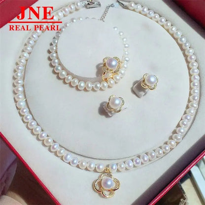 Natural Freshwater Pearl Necklace 7-8 Matching Pearl Earrings & Ring
