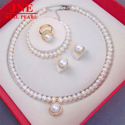 Natural Freshwater Pearl Necklace 7-8 Matching Pearl Earrings & Ring