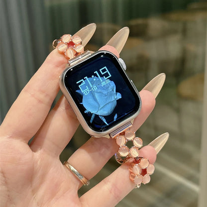 Opal Stone Floral Bangle Alloy Watch Strap for Watch 38/45mm 49mm Models Press Buckle Full Color Band