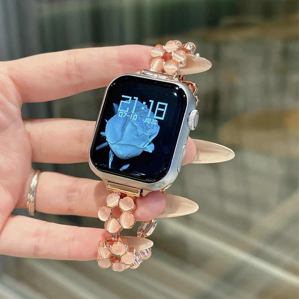Fashion Girly Flower Watch Bands for Apple Watch 8 Ultra 49mm 3 4 5 6 7 Wrist Bracelet for IWatch 38 45mm Strap Alloy Watchbands