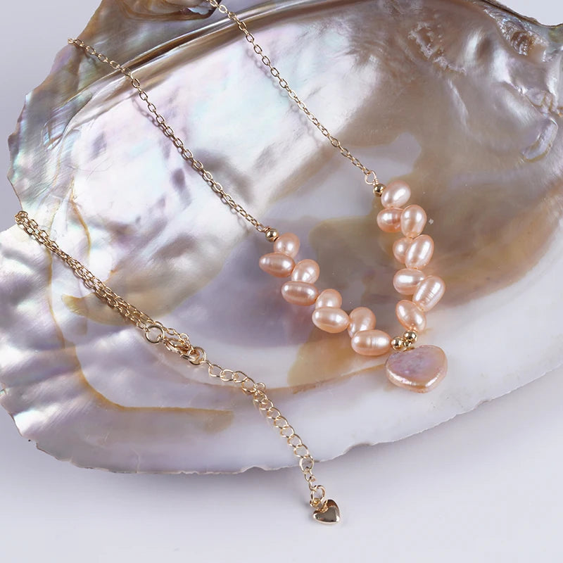 4-5mm Pink Rice Shape With 15-16mm White Baroque Freshwater Pearl Necklace Jewelry