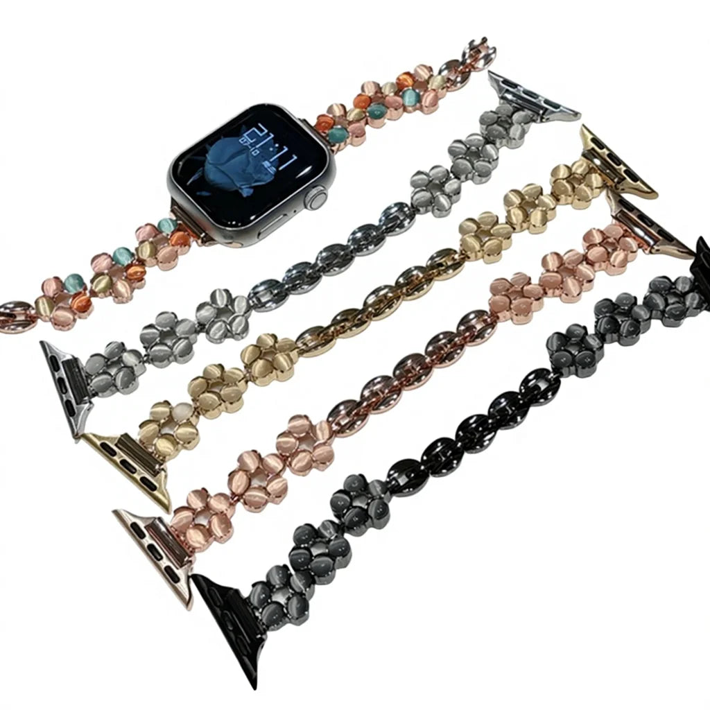 Opal Stone Floral Bangle Alloy Watch Strap for Watch 38/45mm 49mm Models Press Buckle Full Color Band