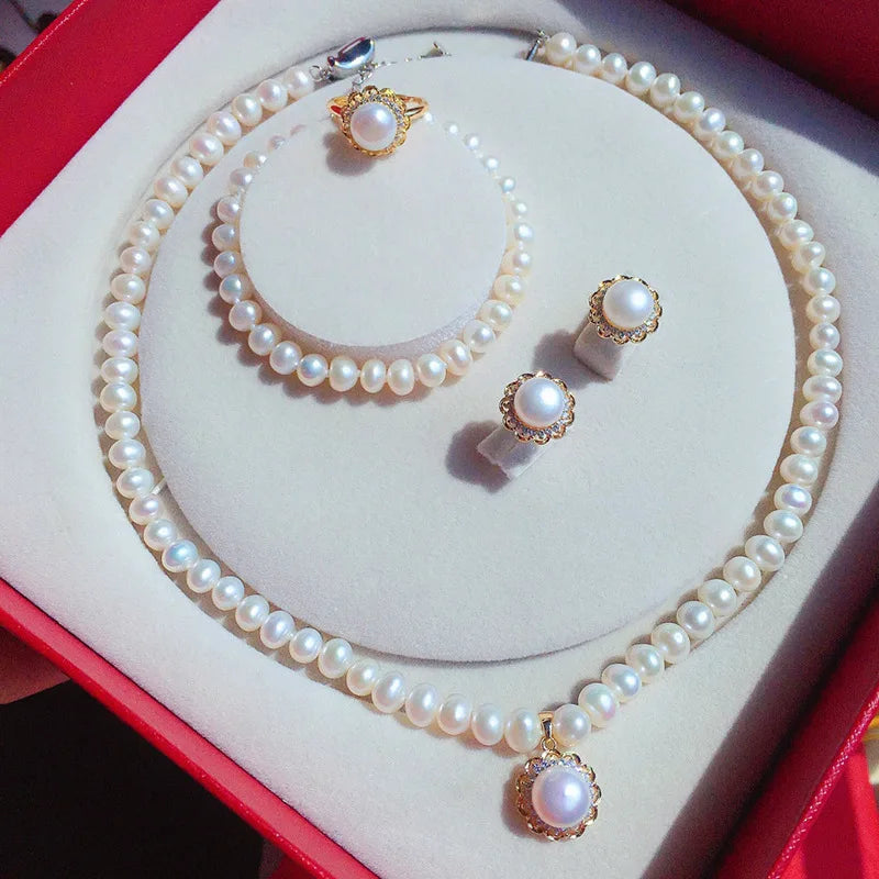 Natural Freshwater Pearl Necklace 7-8 Matching Pearl Earrings & Ring