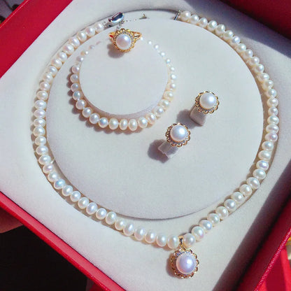 Natural Freshwater Pearl Necklace 7-8 Matching Pearl Earrings & Ring