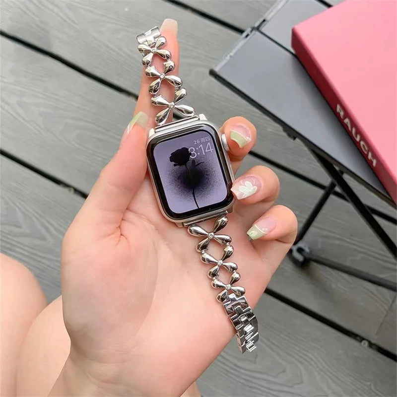 Fashion Shiny Lucky Grass Watch Strap for Iwatch 8 7 6 5 SE 4 Stainless Steel Strap for Apple Watch Band 40mm 41mm 44mm 45mm