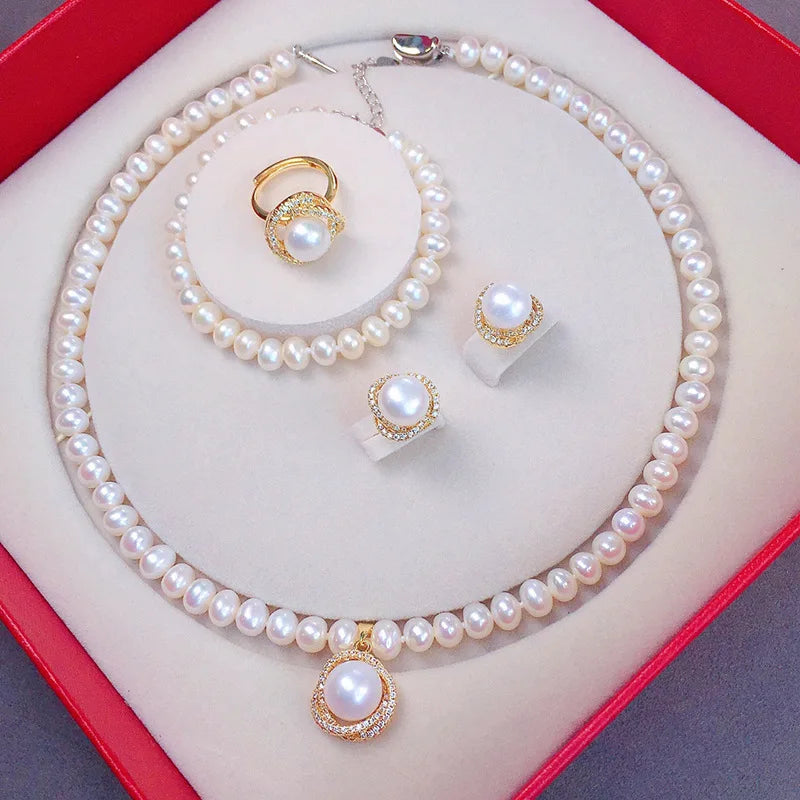 Natural Freshwater Pearl Necklace 7-8 Matching Pearl Earrings & Ring