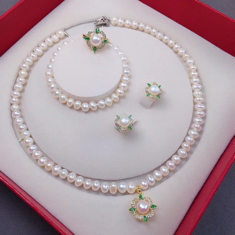 Natural Freshwater Pearl Necklace 7-8 Matching Pearl Earrings & Ring