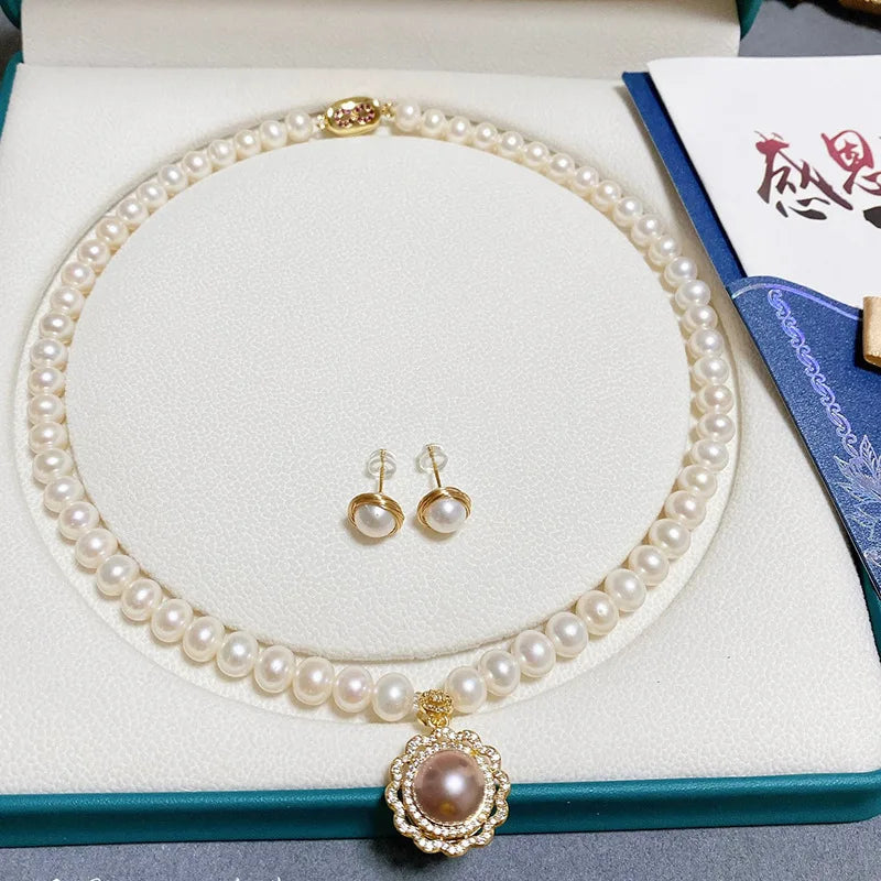 8m-9m Natural Freshwater Pearl Necklace with Pearl Pendant