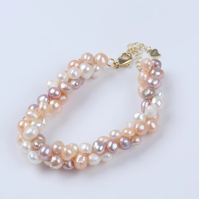 Natural White Pink Purple Color 6-8mm Baroque Style Grade Necklace Bracelet Set 925 Silver Gold Plated Chain