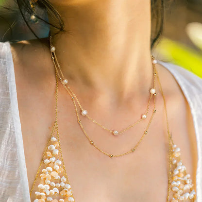 Double Layer Stacked Cultured Freshwater Pearl 14k Gold Plated with Real 925 Sterling Silver Necklace