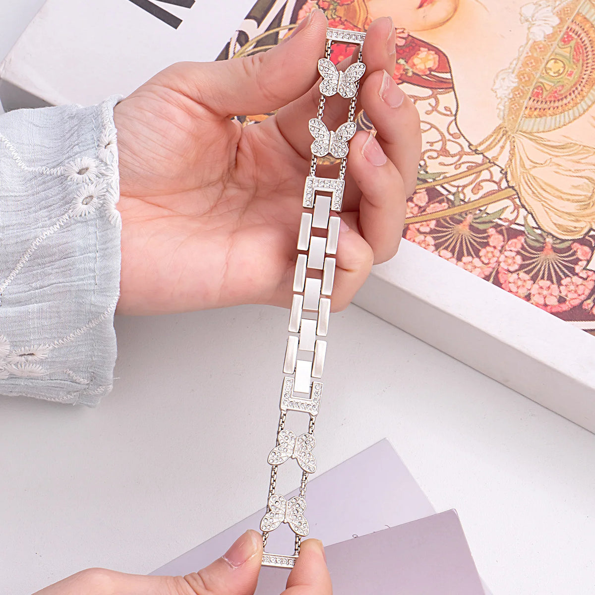 Crystal Butterfly Chain Watch Band for Apple Watch S11 S10 Women Metal Strap Silver Rhinestone