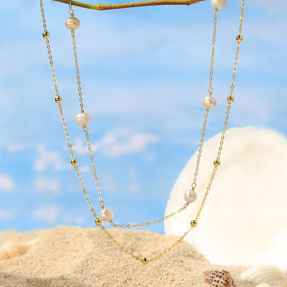 Double Layer Stacked Cultured Freshwater Pearl 14k Gold Plated with Real 925 Sterling Silver Necklace