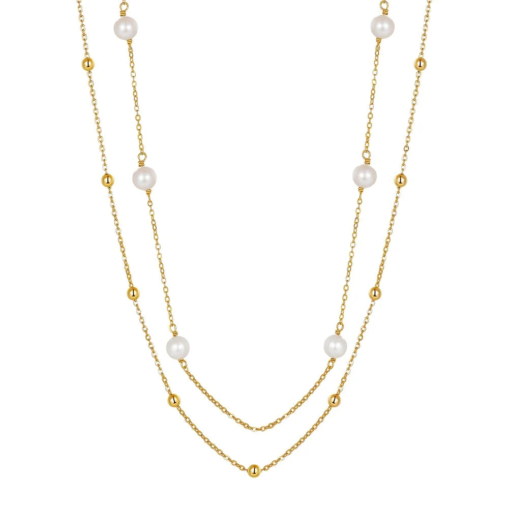 Double Layer Stacked Cultured Freshwater Pearl 14k Gold Plated with Real 925 Sterling Silver Necklace