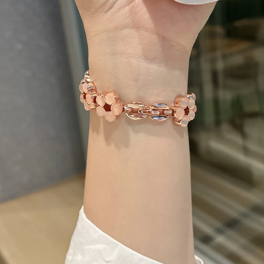 Opal Stone Floral Bangle Alloy Watch Strap for Watch 38/45mm 49mm Models Press Buckle Full Color Band