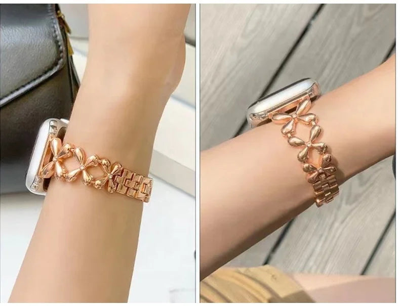 Fashion Shiny Lucky Grass Watch Strap for Iwatch 8 7 6 5 SE 4 Stainless Steel Strap for Apple Watch Band 40mm 41mm 44mm 45mm