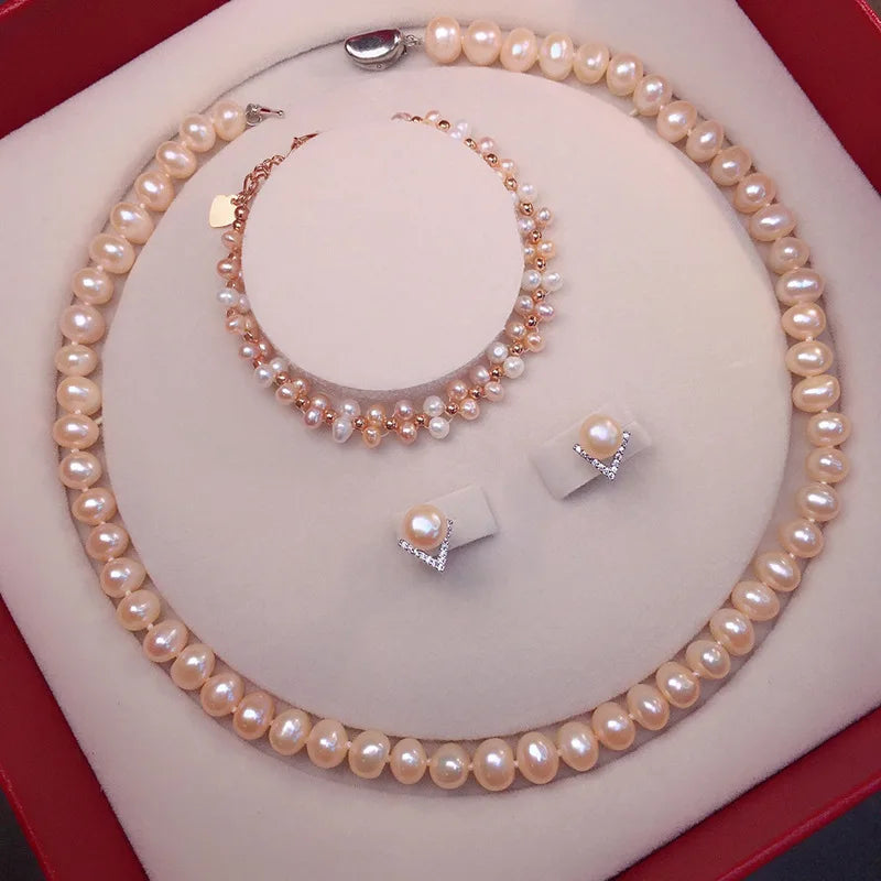 Natural Freshwater Pearl Necklace 7-8 Matching Pearl Earrings & Ring
