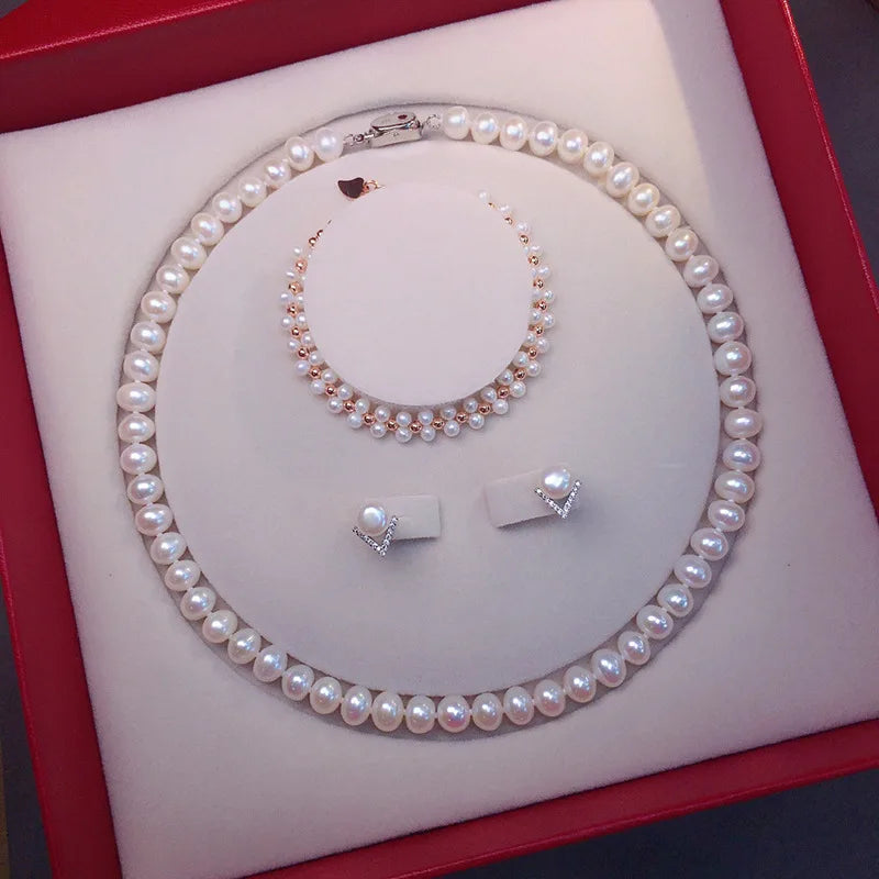Natural Freshwater Pearl Necklace 7-8 Matching Pearl Earrings & Ring