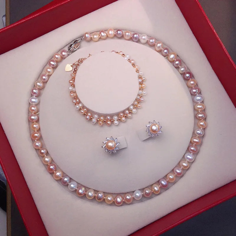 Natural Freshwater Pearl Necklace 7-8 Matching Pearl Earrings & Ring