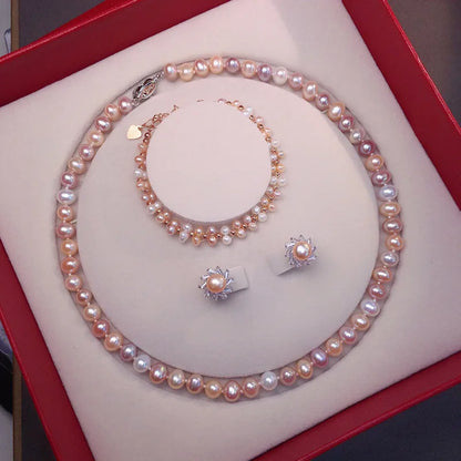Natural Freshwater Pearl Necklace 7-8 Matching Pearl Earrings & Ring