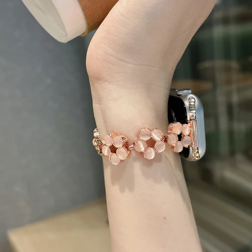 Opal Stone Floral Bangle Alloy Watch Strap for Watch 38/45mm 49mm Models Press Buckle Full Color Band