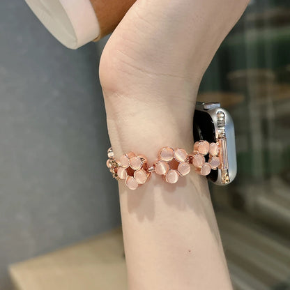 Opal Stone Floral Bangle Alloy Watch Strap for Watch 38/45mm 49mm Models Press Buckle Full Color Band
