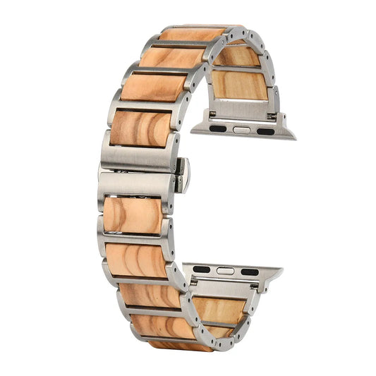 Handmade Adjustable Stainless Steel Watch Strap for Watch with Elegant Wooden Design and Butterfly Clasp