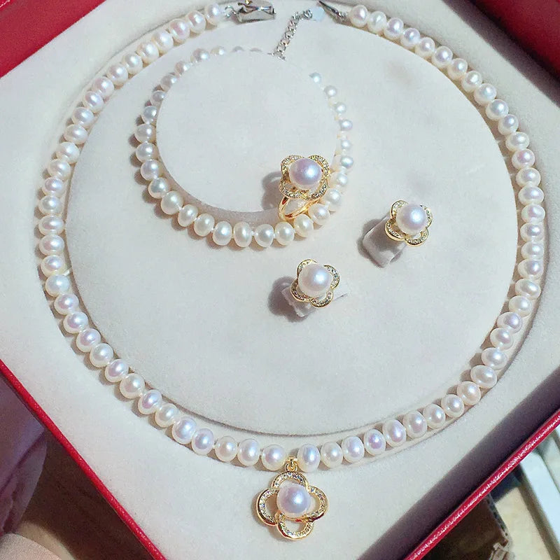 Natural Freshwater Pearl Necklace 7-8 Matching Pearl Earrings & Ring