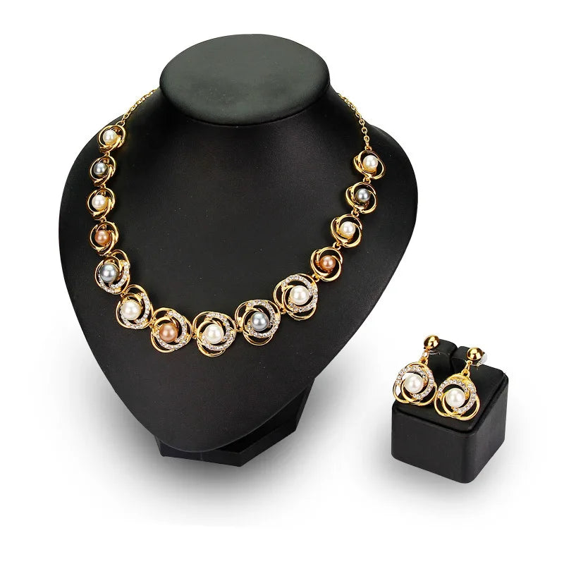 Saturn Halo Alloy Pearl Necklace Set