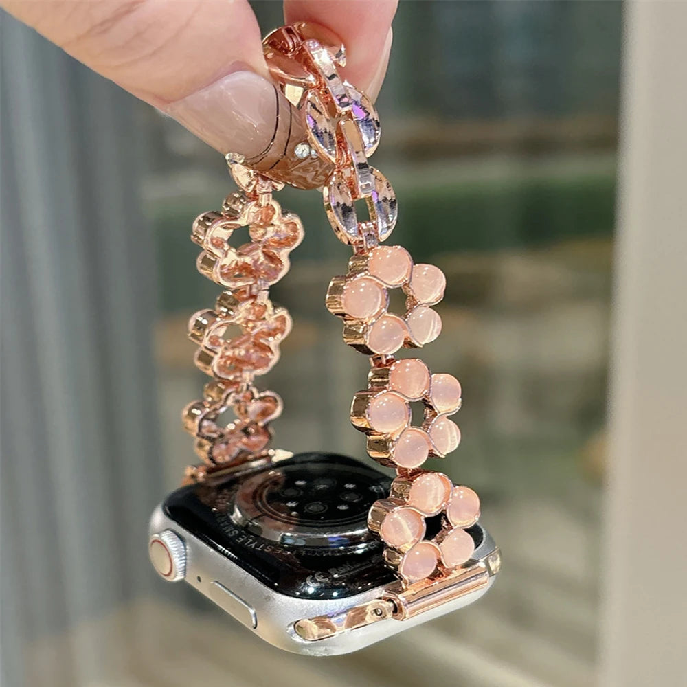 Opal Stone Floral Bangle Alloy Watch Strap for Watch 38/45mm 49mm Models Press Buckle Full Color Band