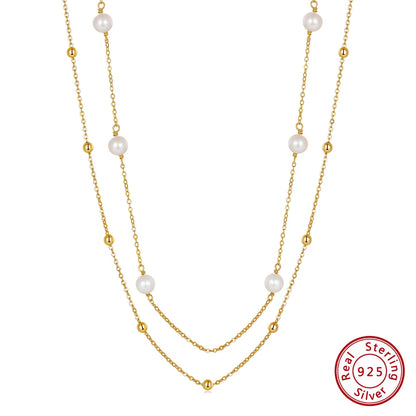 Double Layer Stacked Cultured Freshwater Pearl 14k Gold Plated with Real 925 Sterling Silver Necklace